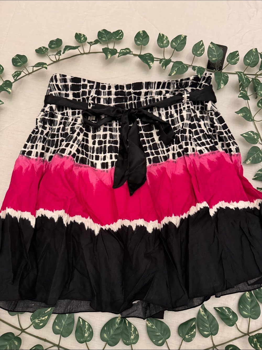 Star City Black, Hot Pink & White Tiered Mini Skirt with Satin Tie